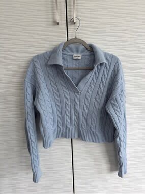 Aritzia Light Blue Cable-Knit V-Neck Sweater